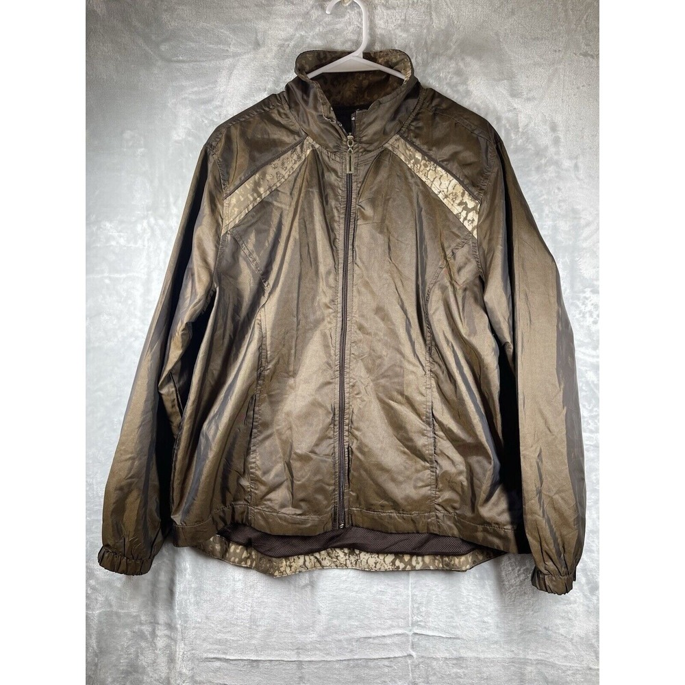 Threehearts Women's Bronze Faux Snake Print XL  Zipper Jacket Raincoat EUC